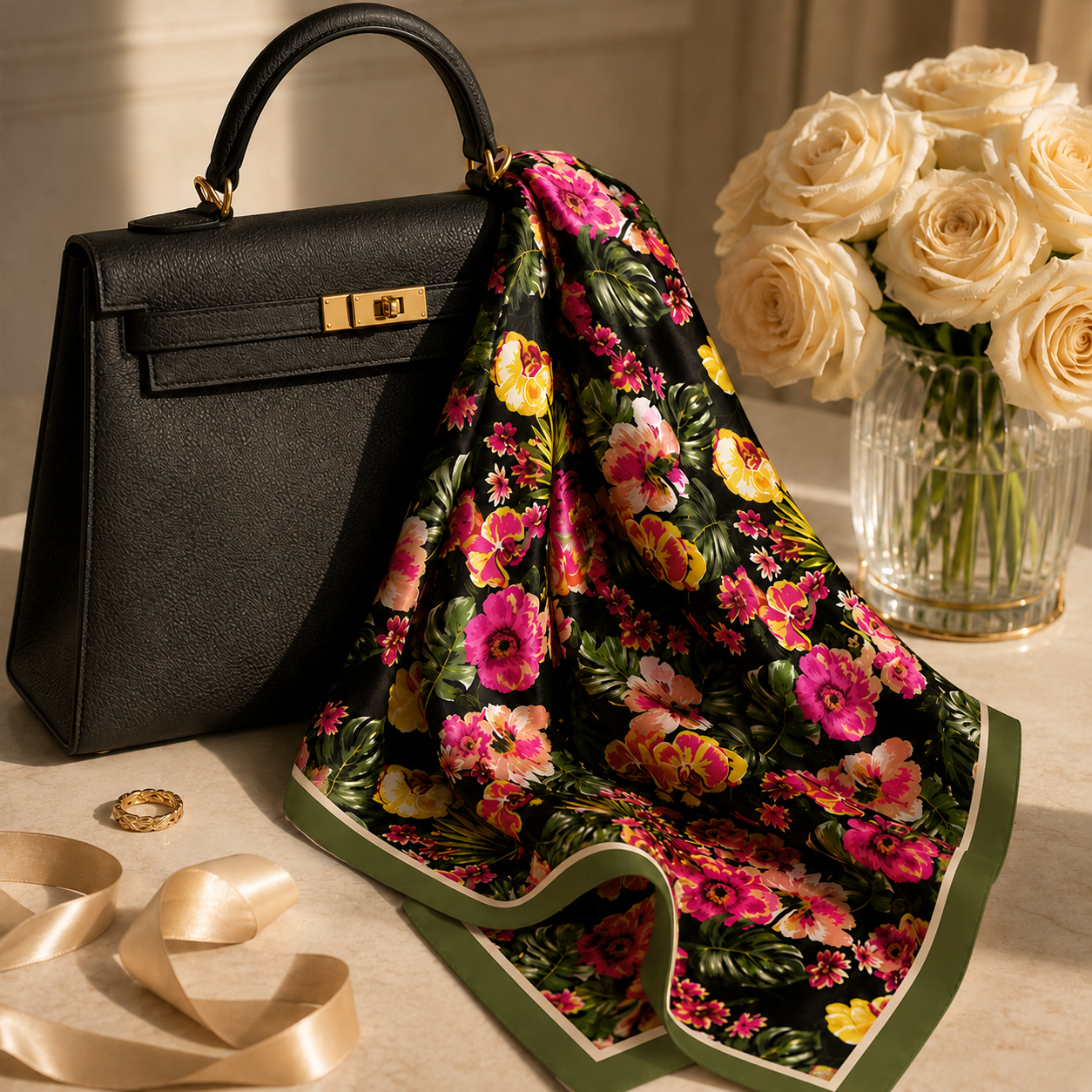 Black Botanical Scarf